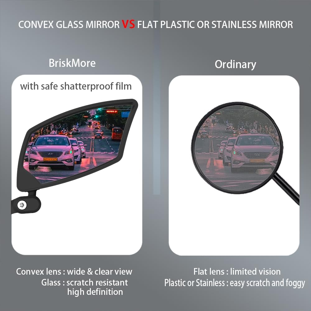 BriskMore Handlebar Bike Mirror - Crystal Clear HD Glass, 360° Adjustable&Foldable Mirror for Safe Riding, Wide Angle Rearview for E-Bikes, Mountain Bikes & Scooters,Bicycle Mirror