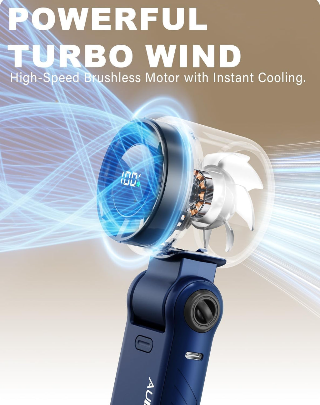 Portable Handheld Turbo Fan - 5 Speed Mini Personal Fan with Strong Airflow, Foldable 3 in 1 Rechargeable Battery Operated Trave Essentials Hand Fans for Indoor/Outdoor Use, Blue