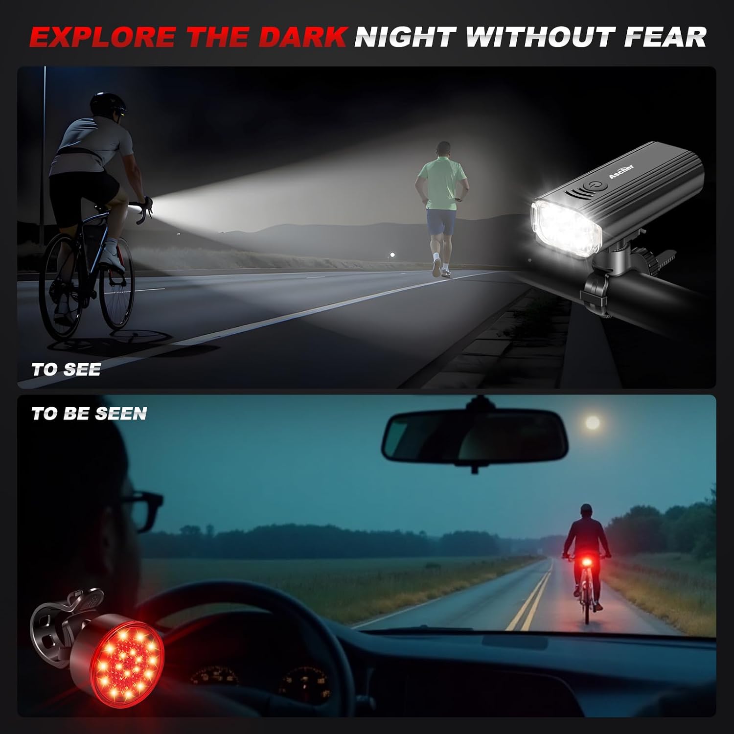 Ascher Ultra Bright USB Rechargeable Bike Light Set, Powerful Bicycle Front Headlight and Back Taillight, 4 Light Modes, Easy to Install for Men Women Kids Road Mountain Cycling