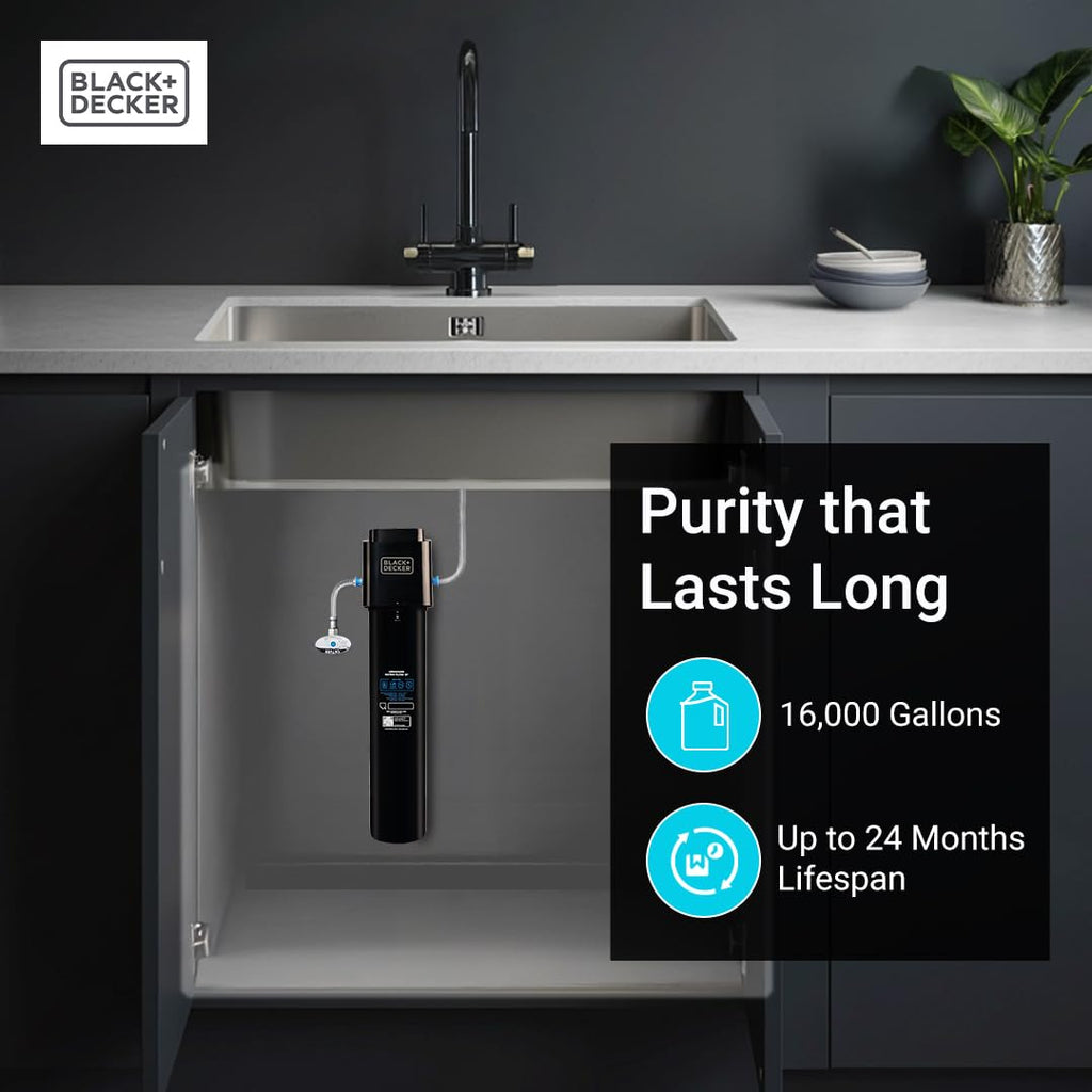 BLACK+DECKER Undersink Water Filter 15’’ | 2 Years | Reduces CHLORAMINE, Chlorine,Lead, PFAS, Bad Taste, Odor | Under Counter Water Filter Direct Connect to Kitchen Faucet | NSF/ANSI 42 Certified