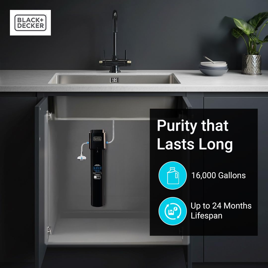BLACK+DECKER Undersink Water Filter 15’’ | 2 Years | Reduces CHLORAMINE, Chlorine,Lead, PFAS, Bad Taste, Odor | Under Counter Water Filter Direct Connect to Kitchen Faucet | NSF/ANSI 42 Certified
