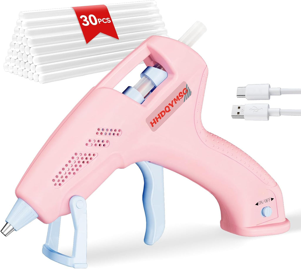 Cordless Hot Glue Gun, 20W Hot Glue Gun with 30PCS Premium Glue Sticks & 1m USB-C Cable, 2000mAh Built-in Battery Suitable for School Craft, Home Repair, DIY (Cordless) (Pink)