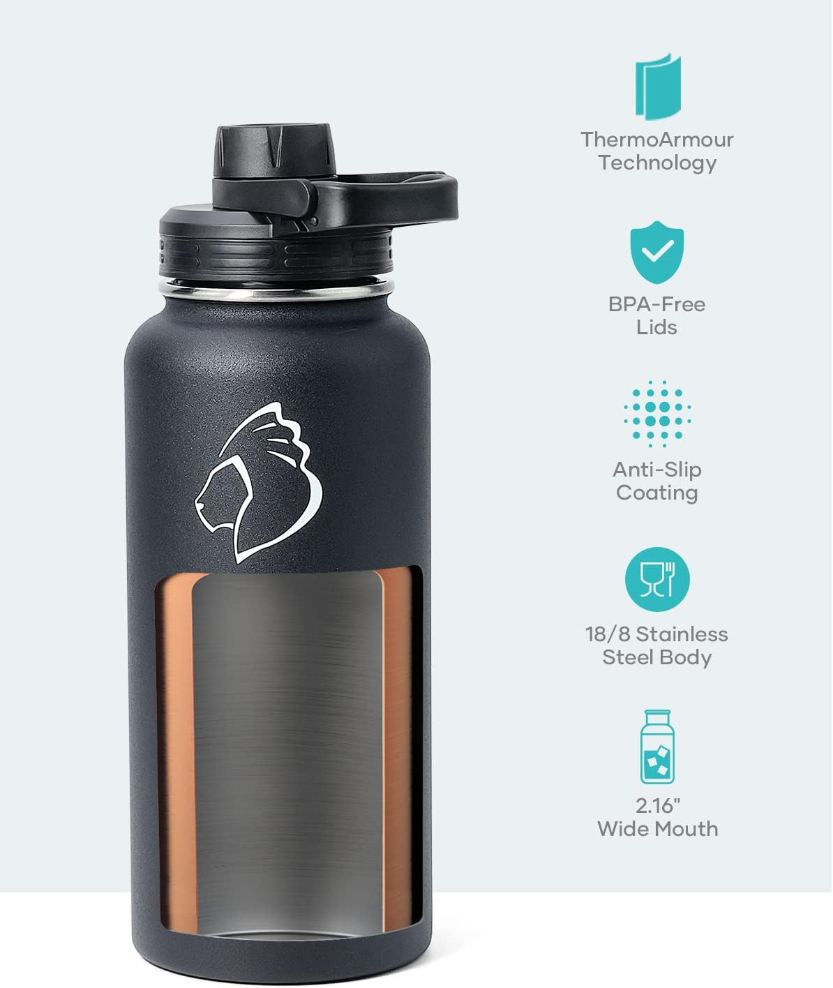 BUZIO 32 oz Water Bottle Insulated with Straw & 3 Lids (Cold for 48 Hrs)