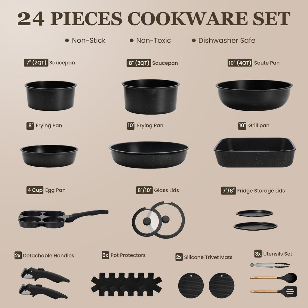 KIKCOIN 24-Piece Nonstick Pots and Pans Set, Cookware with Removable Handle
