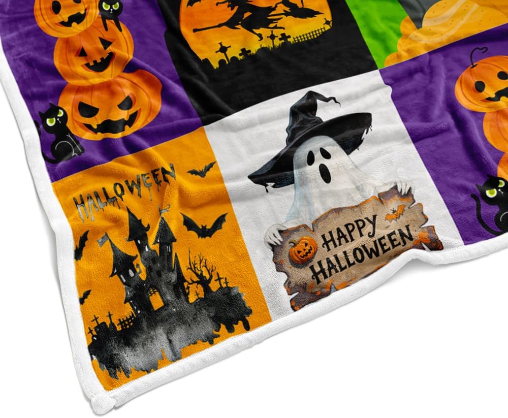 Halloween Throw Blanket 50"x60", Soft Cozy Plaid Blanket with Pumpkin Ghost Witch, Lightweight Flannel Fleece Throw for Couch Bed, Spooky Home Decor, Gift for Halloween Lovers
