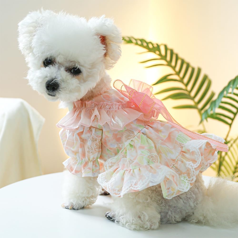Pink Dog Dress for Small Dog Girl Spring Puppy Clothes with Bow Puff Sleeves Cat Outfit Doggy Princess with Leash Ring Doggies Harness Dress Summer Pet Apparel (Pink, Large)