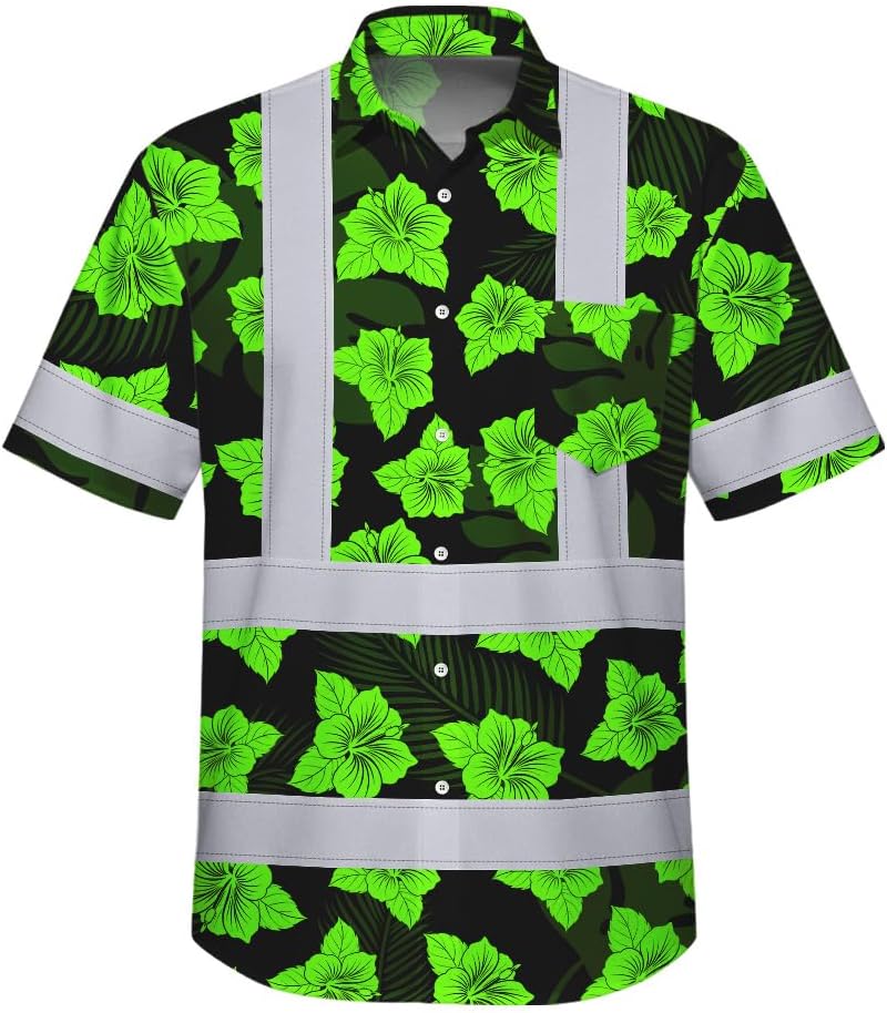 High Visibility Hawaiian Shirt for Men Tropical Shirts Custom Name Floral Outfit Reflective Safety Workwear