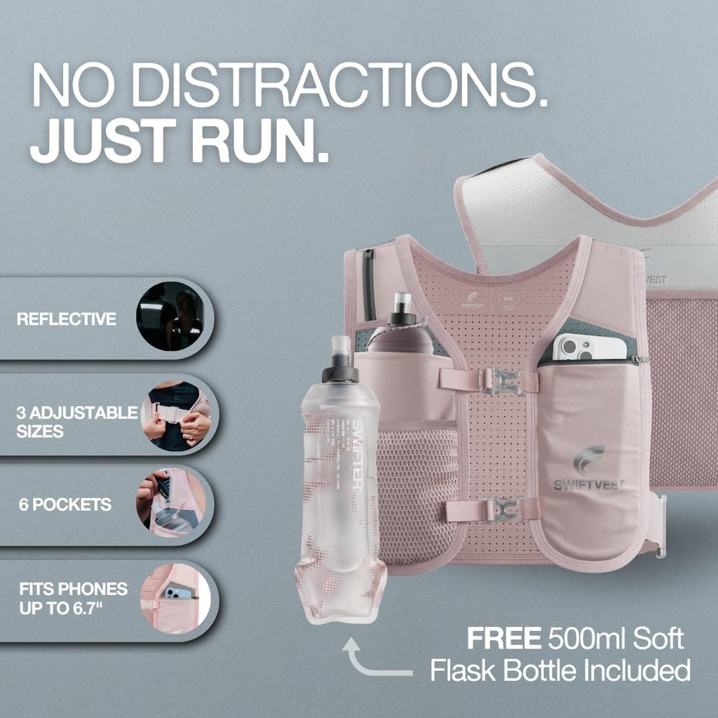 Running Phone Holder Vest with 500ml/17oz Water Bottle | Reflective Hydration Vest | Adjustable | Light | 6 Pockets for Running Accessories | Unisex