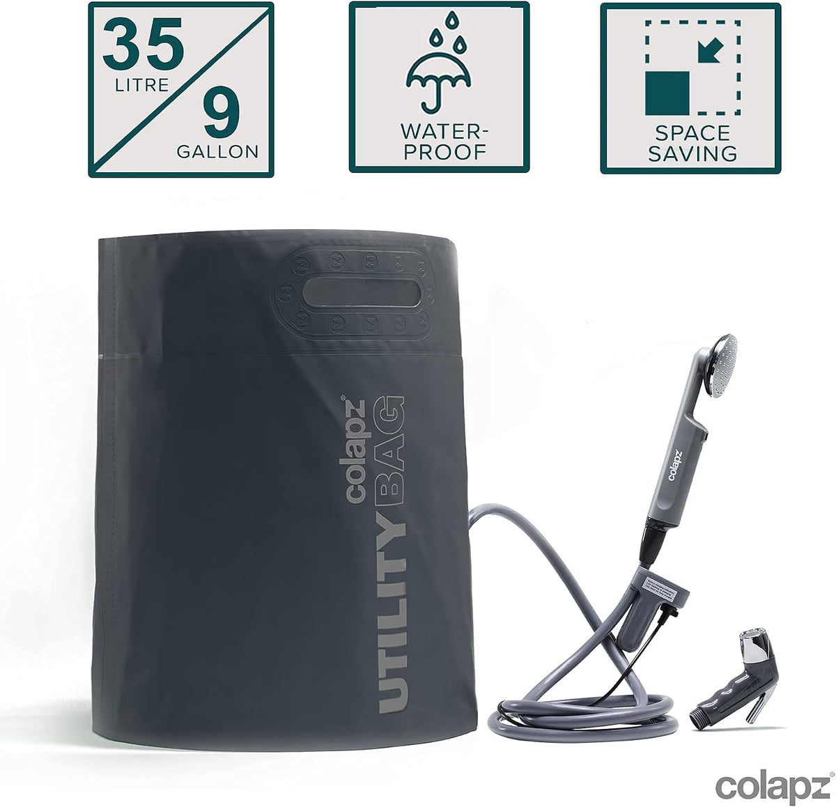 Colapz 12V Camping Shower Portable - High Pressure Outdoor USB Rechargeable Camping Shower - Kit with 9 Gallon Water Bag - Van Life RV Beach Hiking Dog Washing
