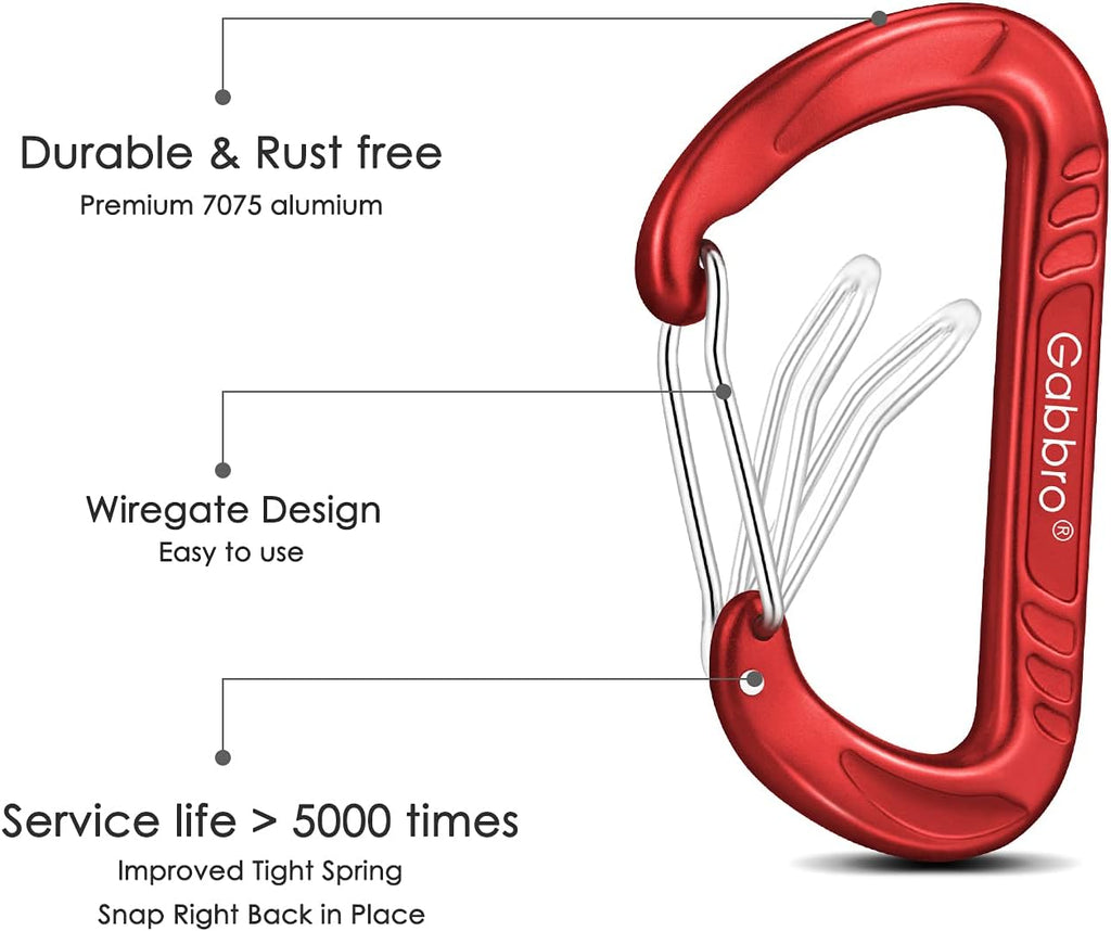 Gabbro Carabiner Clips Heavy Duty 12kN (2697 lbs), Wiregate Aluminum Lightweight Caribeener for Hammock, Hiking, Camping, Water Bottle, Dog Leash Harness, Keychains