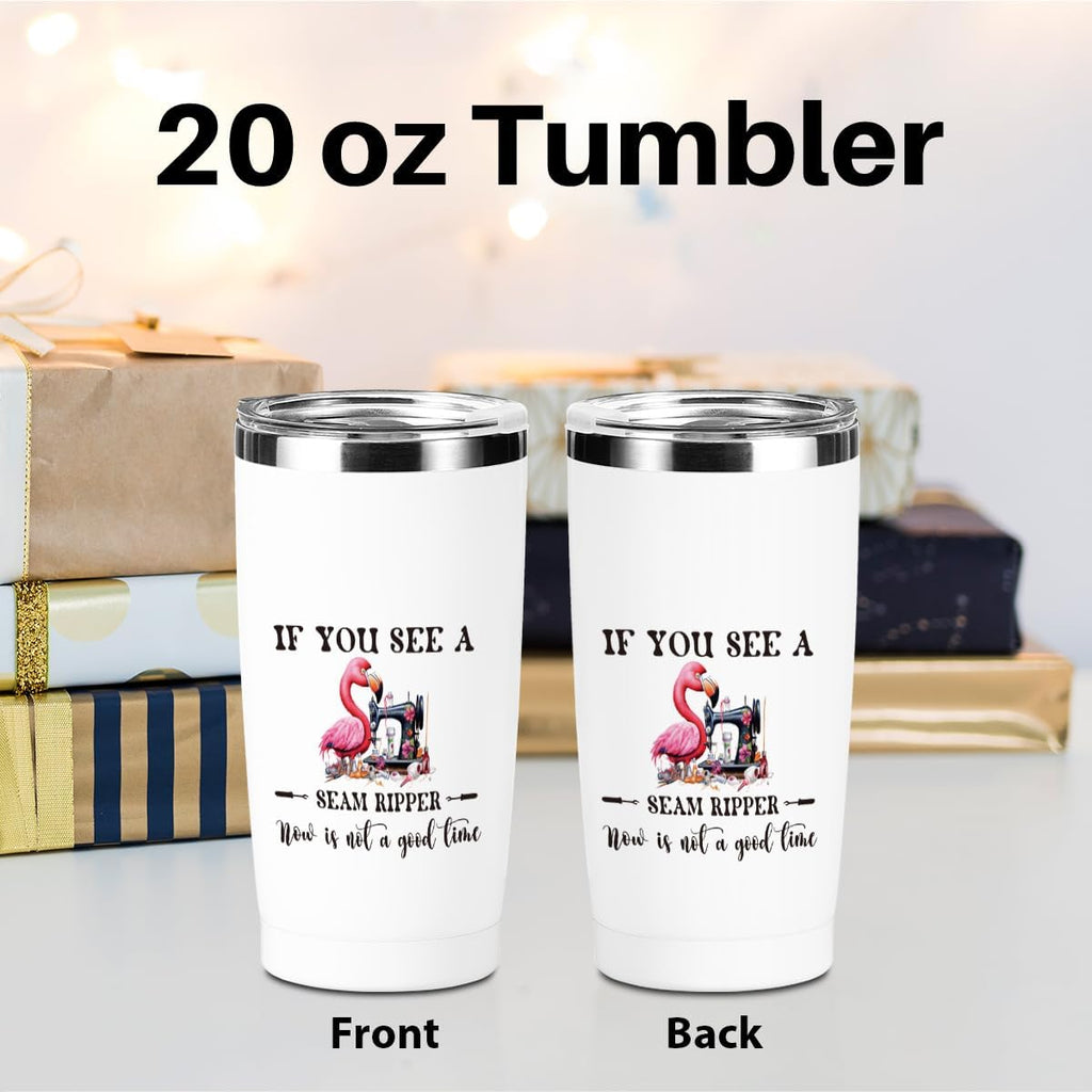 Funny Flamingo Gifts Sewing Accessories Travel Tumbler, Humorous Sewing Gifts 20 oz Stainless Steel Coffee Mug，Travel Cup，Insulated Cup with Lid for Car, Quilting Gift for Women Birthday Christmas