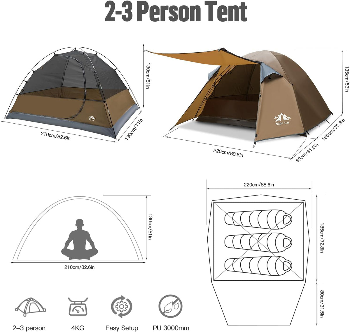 Night Cat Camping Tent 2 3 Persons with Porch Family Backpacking Tent Double Layers Waterproof Easy Clip Setup 7x6x4.3ft Porch Pole Not Inlcuded