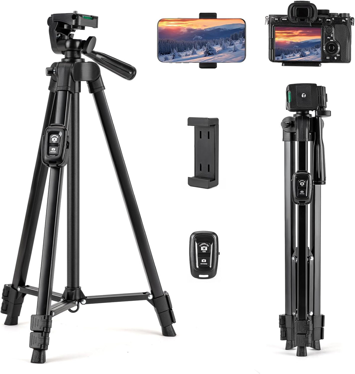 Fotopro Camera Tripod, 51'' Lightweight Portable Travel Tripods for Camera and Phone with 3-Way Head Remote Control Cellphone Holder Travel Bag, Aluminum Phone Tripod Stand for Recording LiveStreaming