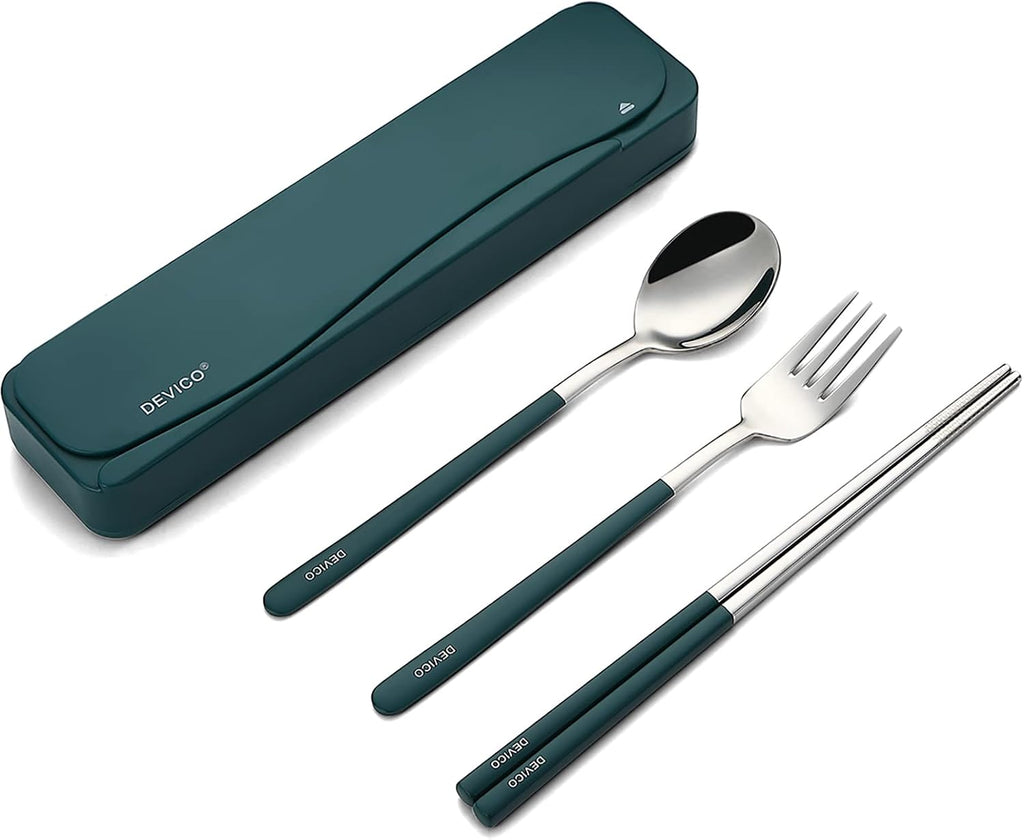 DEVICO Travel Utensils with Case, 4Pcs Portable Silverware Set for Work, 18/8 Stainless Steel Reusable Cutlery, Korean Spoon and Chopsticks Fork for Camping, School, Lunch Box Accessories (Dark Green)