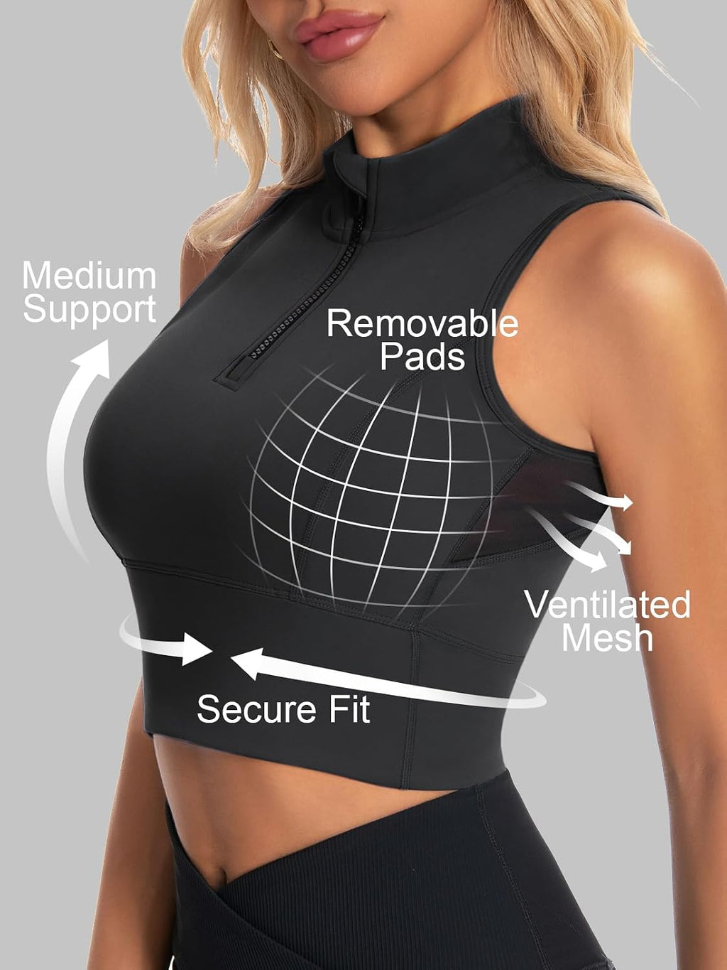 AARYA Zip Front Cropped Workout Tank Tops with Built in Bra