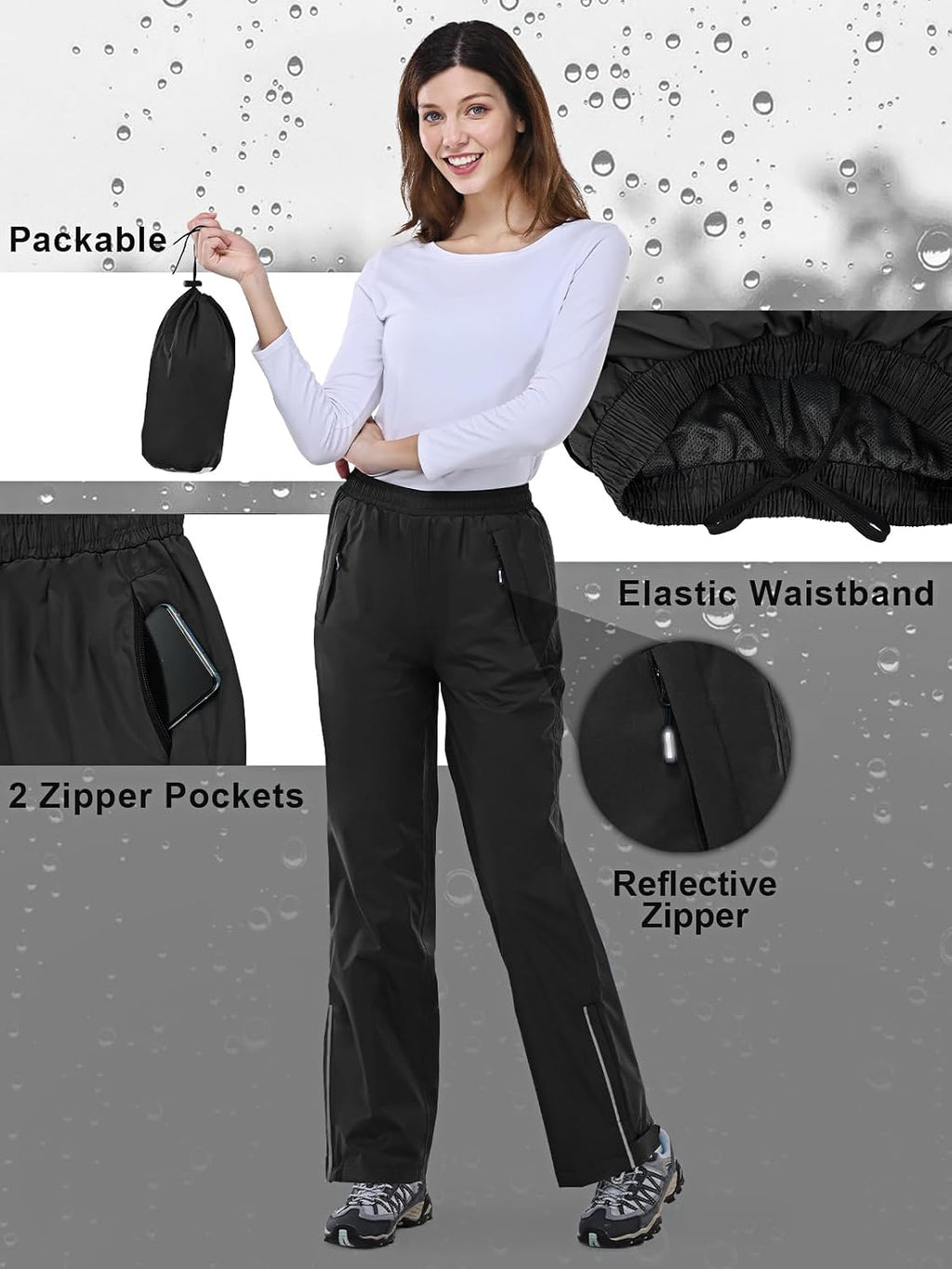 Outdoor Ventures Women's Rain Pants Packable Waterproof Hiking Pants