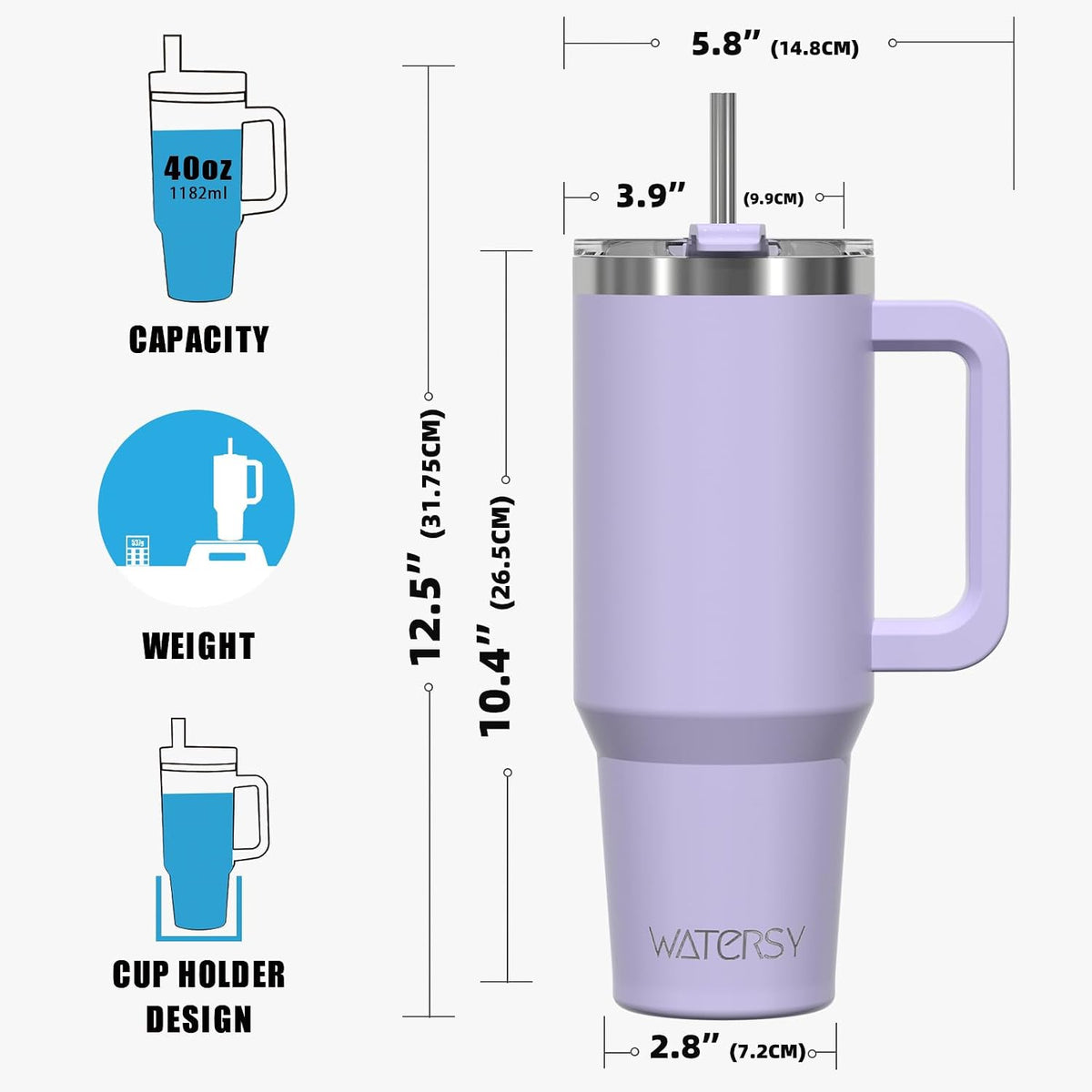 40 oz Tumbler with Handle,Tumbler with Lid and Straw,Double Wall Insulated Cup Stainless Steel Travel Mug(Cold for 34 Hours),Water Bottle for Iced Tea,Coffee,Cold Beverages(Purple)
