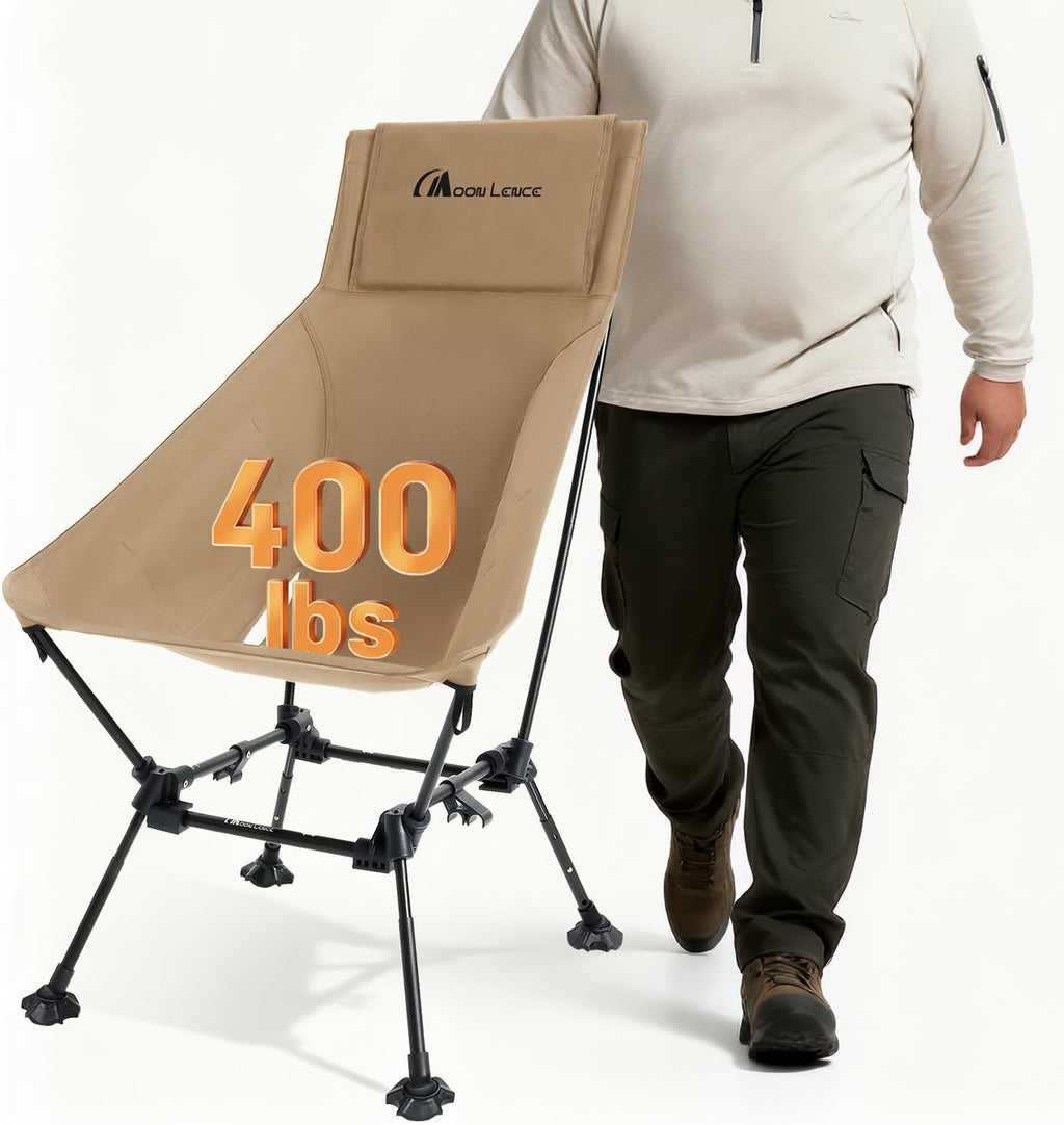 MOON LENCE Oversized High Back Camping Chair for Adults, Height Adjustable Folding Camp Chair | 400 lbs Capacity & 5.4 lbs Weight, Hidden Pillow Pocket Wide Seat for Camping Fishing Overlanding, Khaki