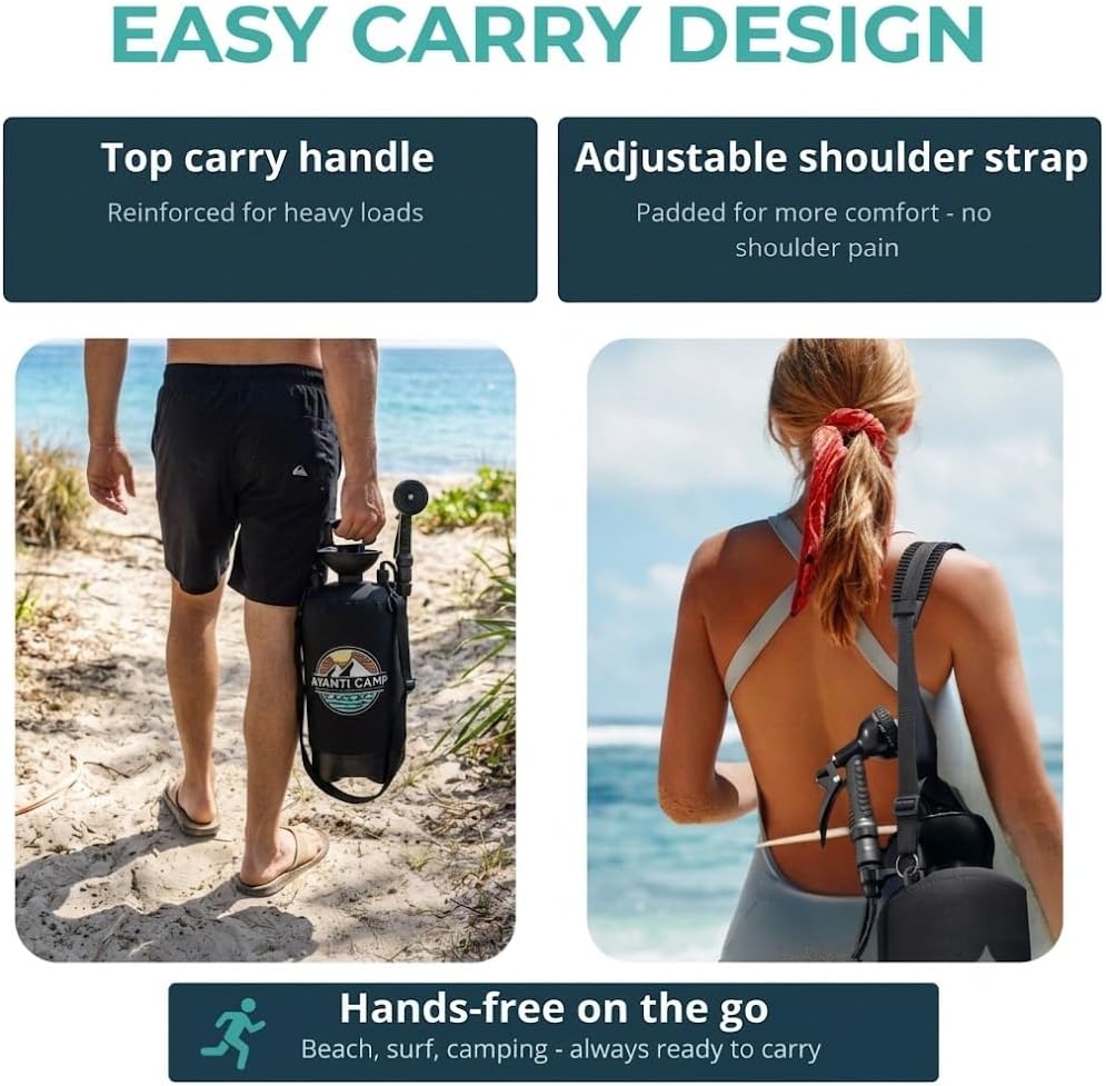 2.1 Gallon Pressurized Portable Camping Shower | 10-Mode Spray Head | Premium Neoprene Insulated Sleeve & Padded Shoulder Strap | Rinse Kit for Surf, Sand, RV, Road Trips & Pets | Black