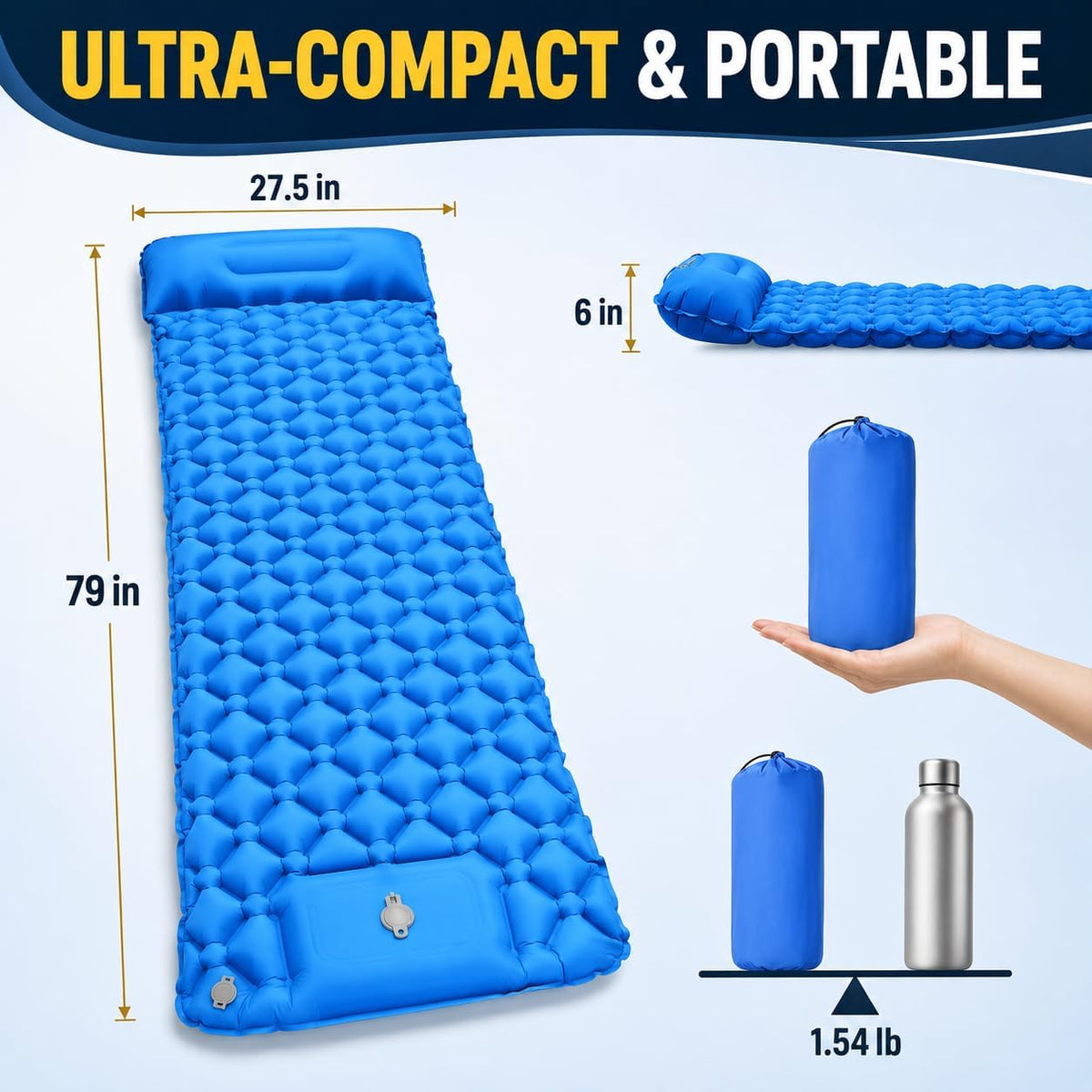 Camping Sleeping Pad, Ultralight Camping Mat with Pillow, Built-in Foot Pump Inflatable Sleeping Pads Compact for Camping Backpacking Hiking Traveling Tent - Blue