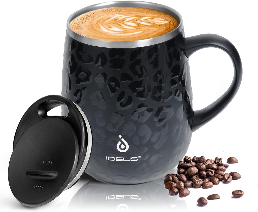 Ideus 16 oz Insulated Coffee Mug with Lid and Handle (Leopard Black)