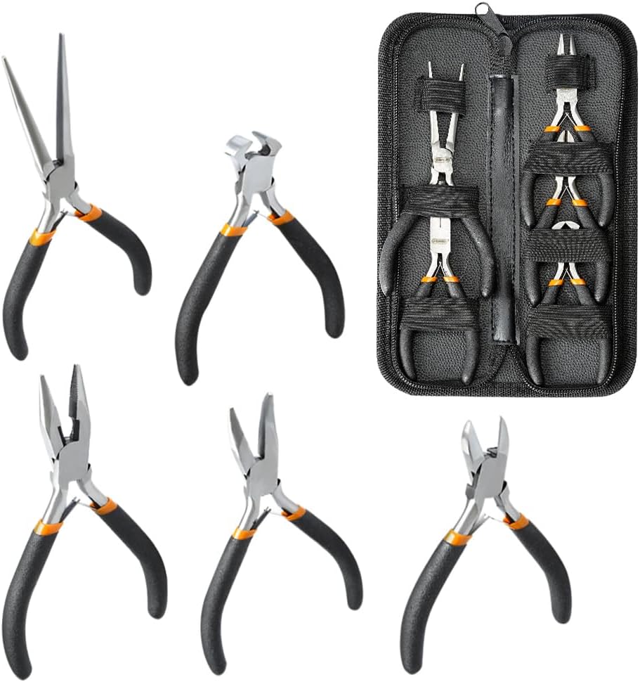 LIFEGOO 5 Pieces Mini Pliers Set – Durable Precision Tool Kit for Crafts, Jewelry & DIY, Includes Long Needle Nose, Bent Nose, Diagonal, End Cutting, Nipper (Black)