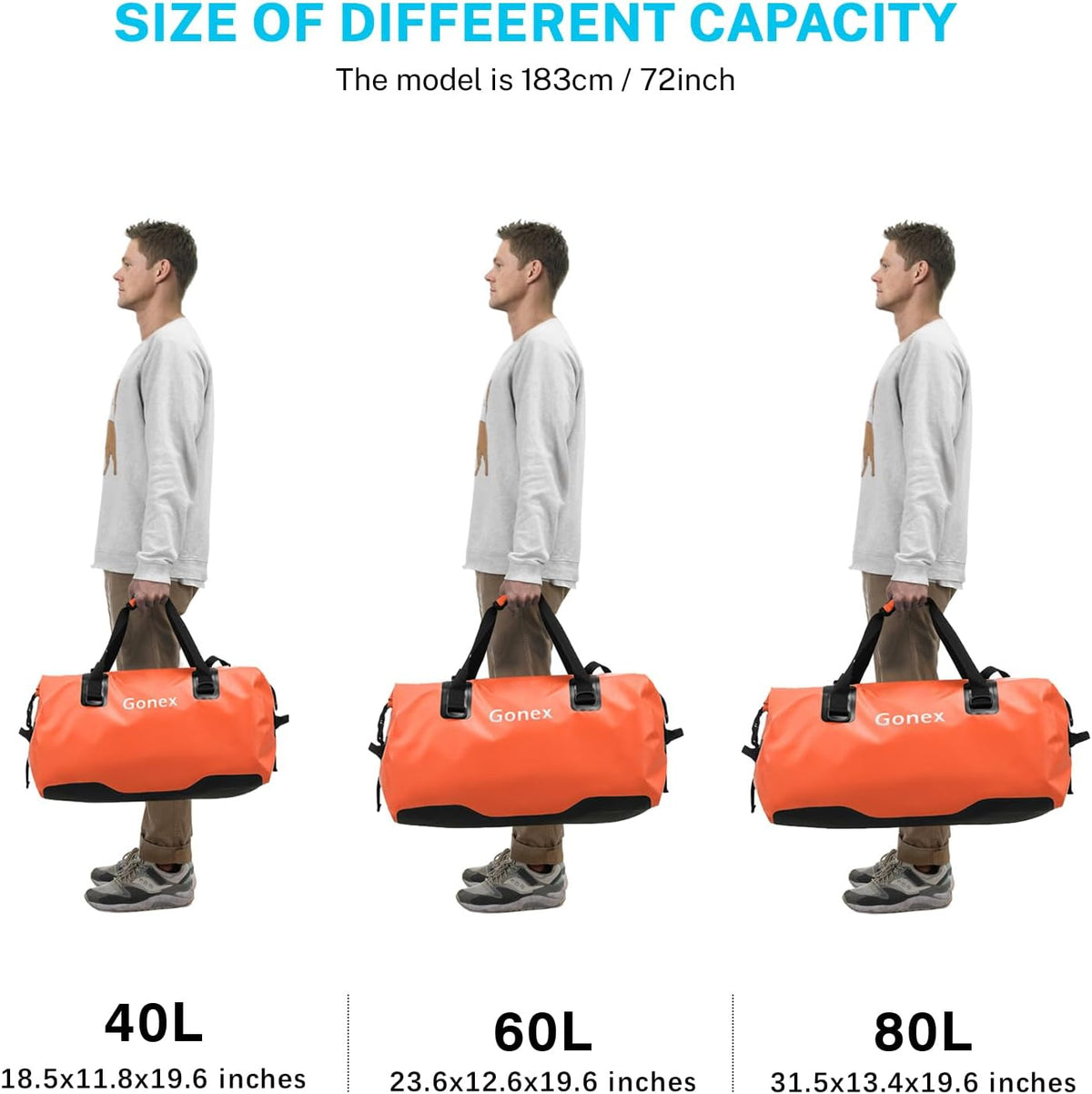 Gonex Waterproof Duffel Bag, 40L/60L/80L Roll-Top Travel Kayaking Dry Bag