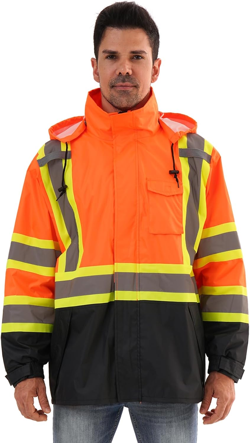 Reflective Rain jackets for men waterproof,Hi Vis Safety Coat With Reflective Strips，High Visibility Class 3 Rain jackets With 2 large pockets，Zipper,Orange,LG/XL