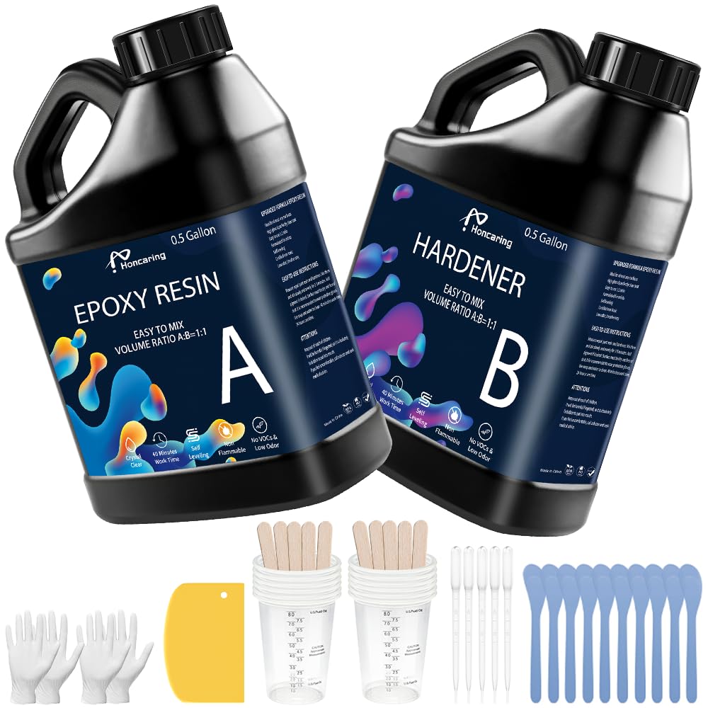 Honcaring Epoxy Resin 1 Gal Kit, Hard Type Epoxy Resin Kit, Less Bubble & Low Odor Resin Epoxy for Casting, Jewelry Making, Art Resin, Easy Mix Ratio 1:1 (0.5 Gallon×2)