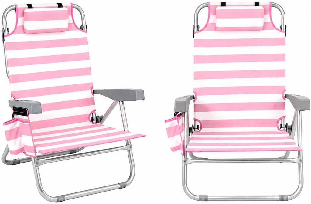 Beach Chairs for Adults 2 Pack, Portable Folding Backpack Beach Chairs with Cooler, Cup Holder, Towel Bar & Storage Bag, 5 Position Lay Flat Backpack Lounger Set for Camping, Lawn, Outdoor-Pink Stripe