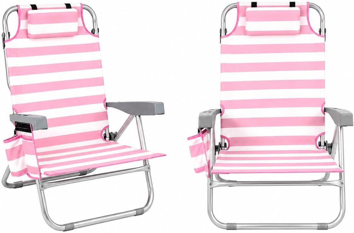 Beach Chairs for Adults 2 Pack, Portable Folding Backpack Beach Chairs with Cooler, Cup Holder, Towel Bar & Storage Bag, 5 Position Lay Flat Backpack Lounger Set for Camping, Lawn, Outdoor-Pink Stripe
