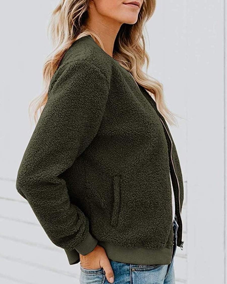 MIROL Women's Fall Fleece Bomber Jacket Trendy Sherpa Winter Coat Fuzzy Casual Long Sleeve Zip Up Loose Fit Jackets