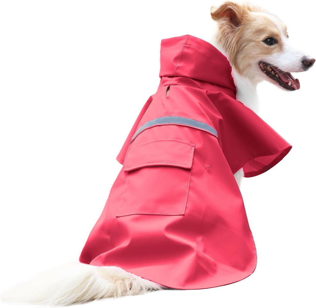 NACOCO Large Dog Raincoat Adjustable Pet Water Proof Clothes Lightweight Rain Jacket Poncho Hoodies with Strip Reflective (L, Red)