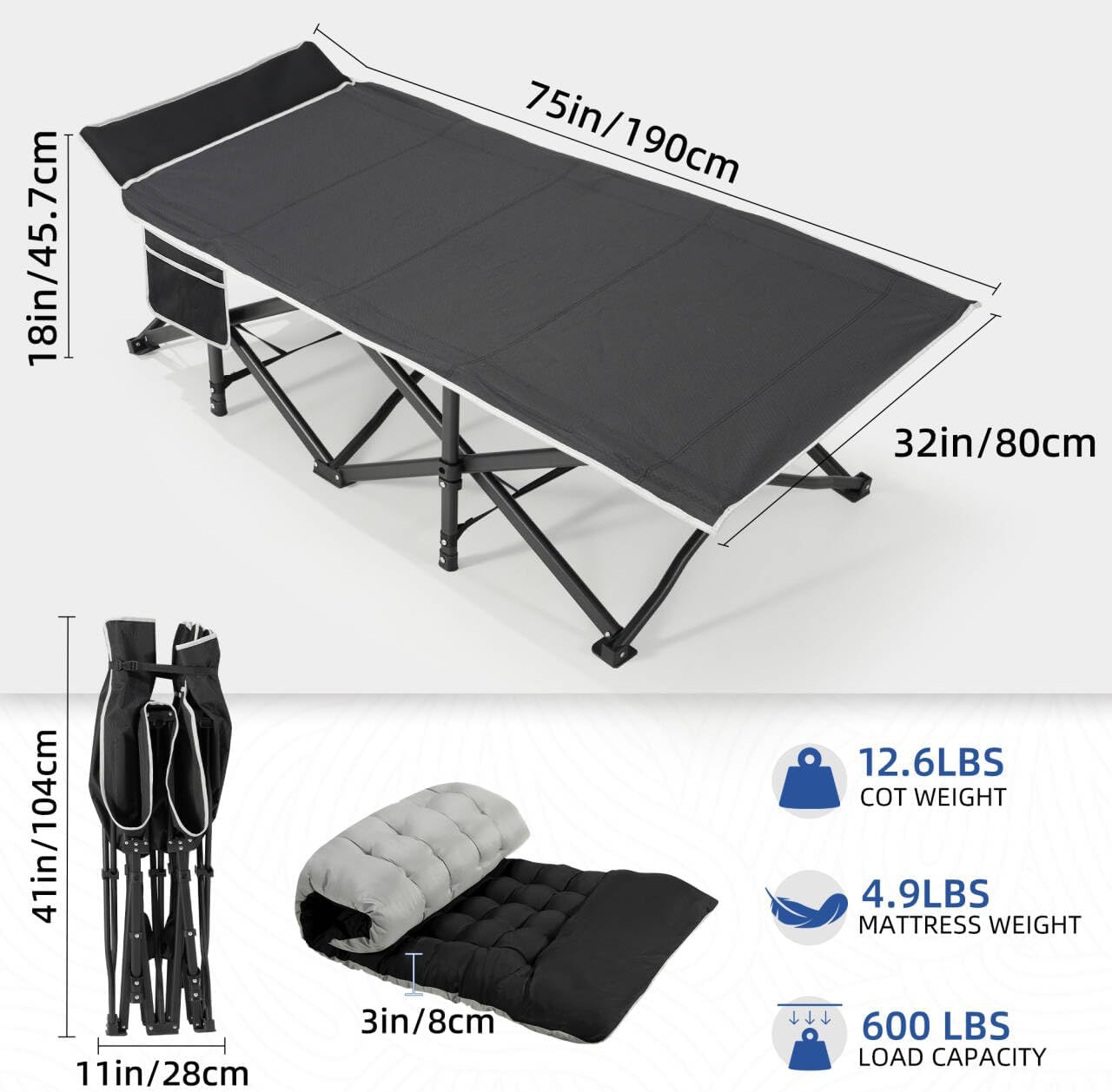 HABUTWAY Camping Cot with Mattress, 32" Extra Wide Camping Cots for Adults, Sleeping Cot for Adults Holds Up to 600LBS, Cots for Sleeping, Camp, Rv, Beach, Patio, Office Naps(Black)