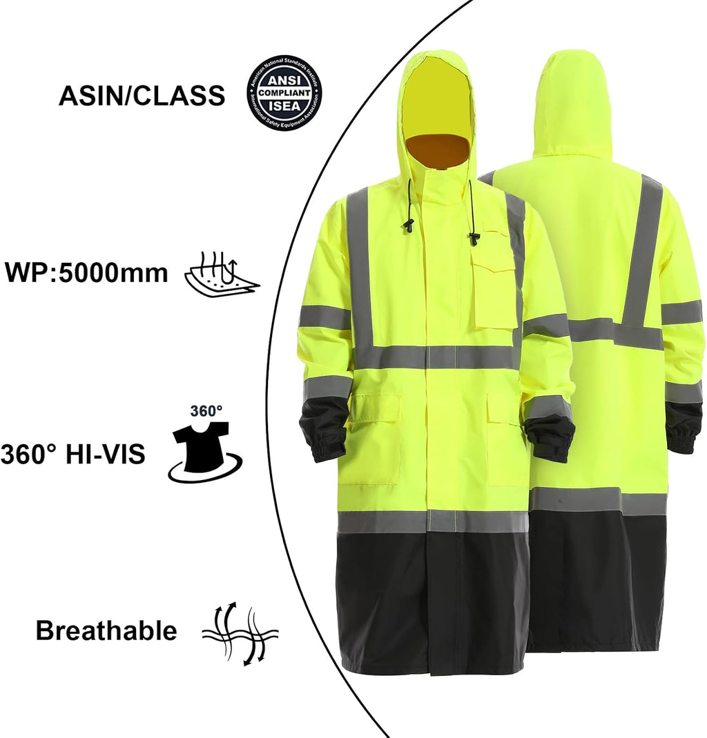 Reflective Rain jackets for men waterproof,Hi Vis Rain Coat With 3M Reflective Strips，High Visibility Class 3 Rain Gear With 2 large pockets，Zipper,Black Bottom Lime，6XL