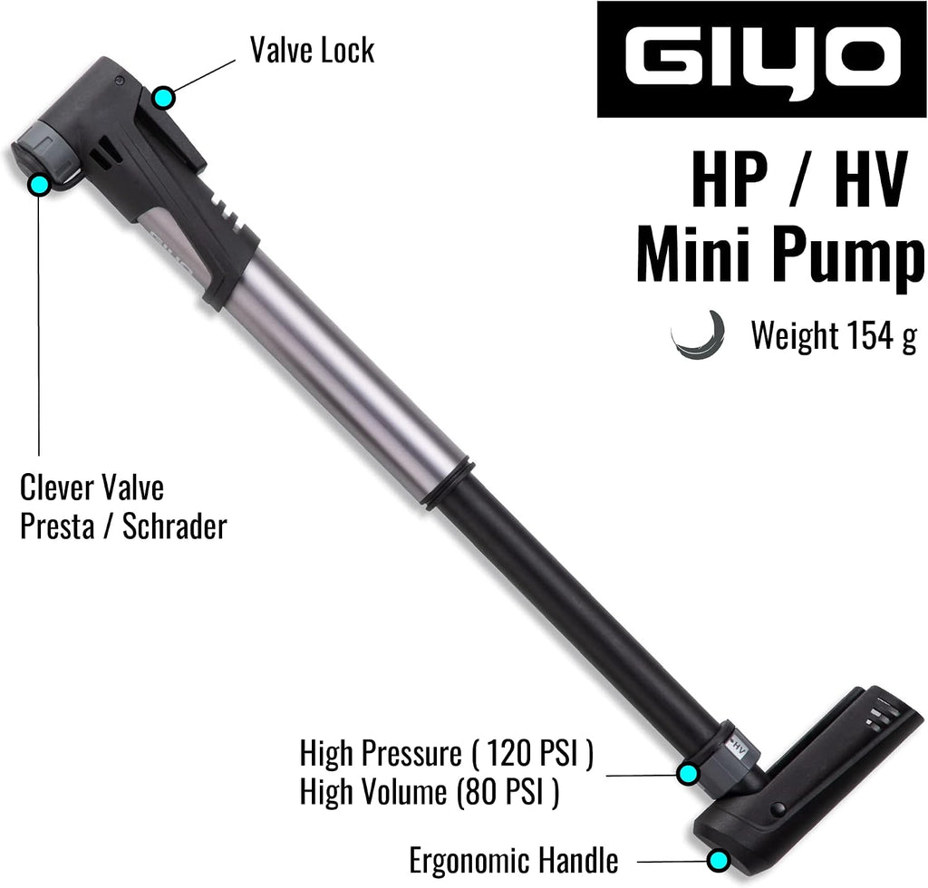 GIYO Bike Tire Pump | 2 Stage HP HV 120 PSI Max | Clever Valve Fits Presta & Schrader | for MTB & Road Frame Mounted (GP992) Taiwan Made
