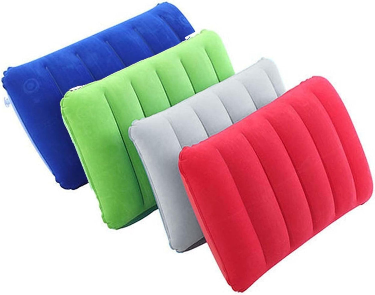 4Pack Ultralight Inflatable Travel Pillow, Small Squared Flocked Fabric Air Pillow for Traveling, Holiday Trip, Hiking, Camping,Napping,Neck Lumbar Support, 16.5 in x 10.5 in (Gray,Blue,Red,Green)