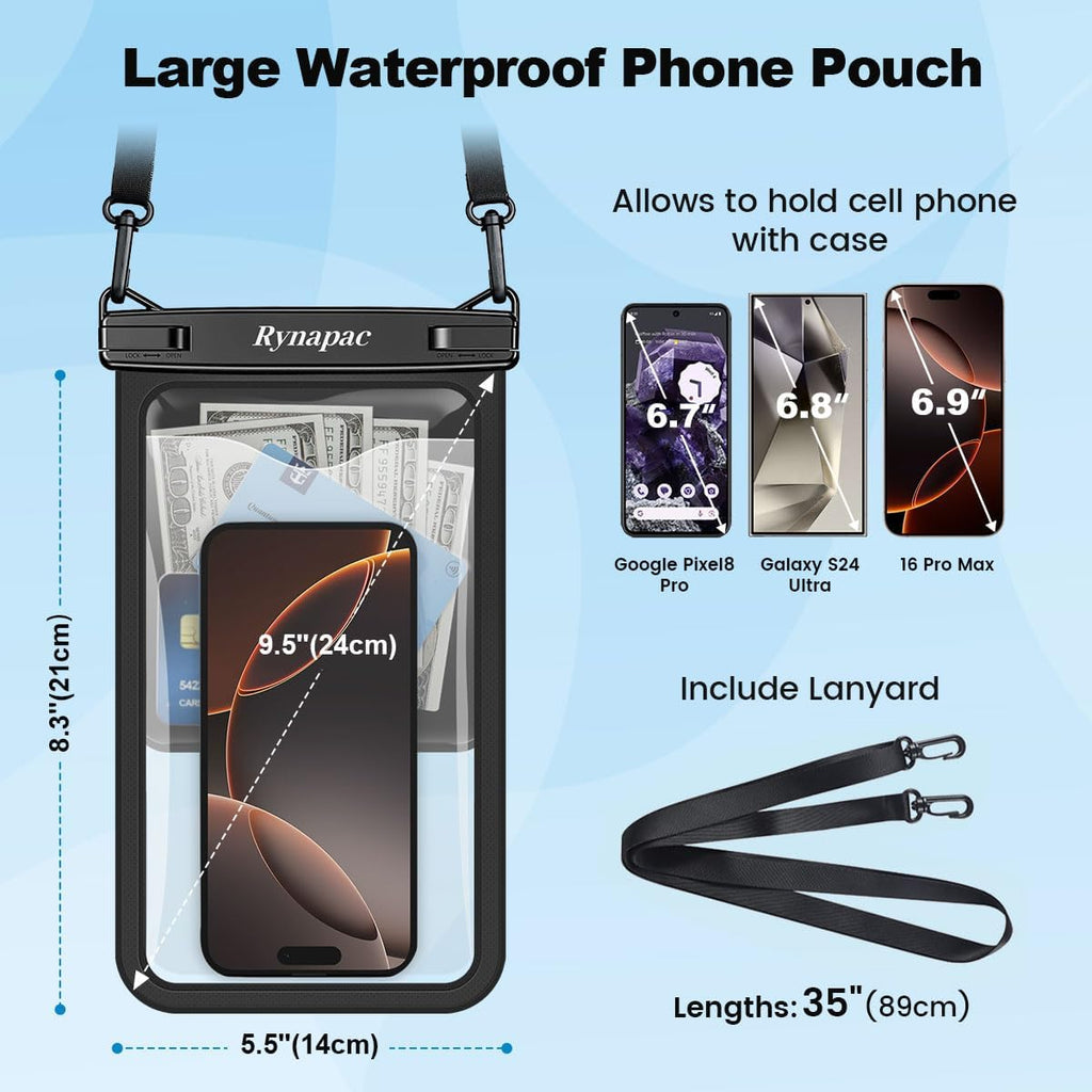 Rynapac Large Waterproof Phone Pouch Up to 10", 2 Pack IPX8 Protector Pouch