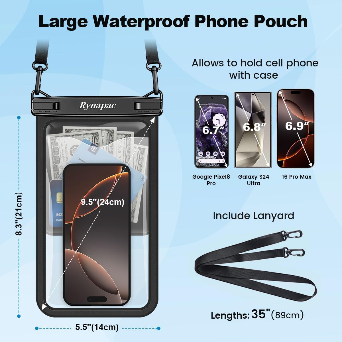 Rynapac Large Waterproof Phone Pouch Up to 10", 2 Pack IPX8 Protector Pouch