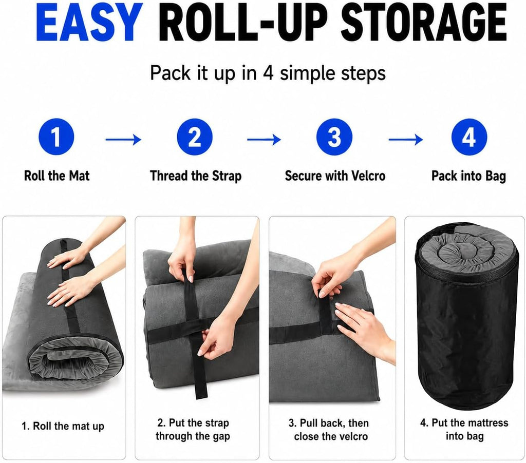 Roll Up Foam Camping Mattress - 30D High-Density Foam Sleeping Pad with Travel Bag - Portable Floor Mat for Tent, Car Camping & Guest Bed