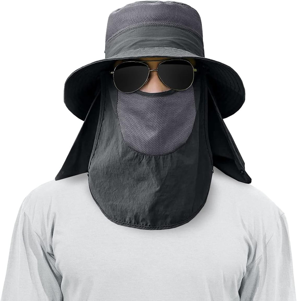 3 Pack Mens Outdoor Wide Brim Fishing Hat,UPF 50+ Sun Protection Cap with Face Neck Flap for Hiking & Garden