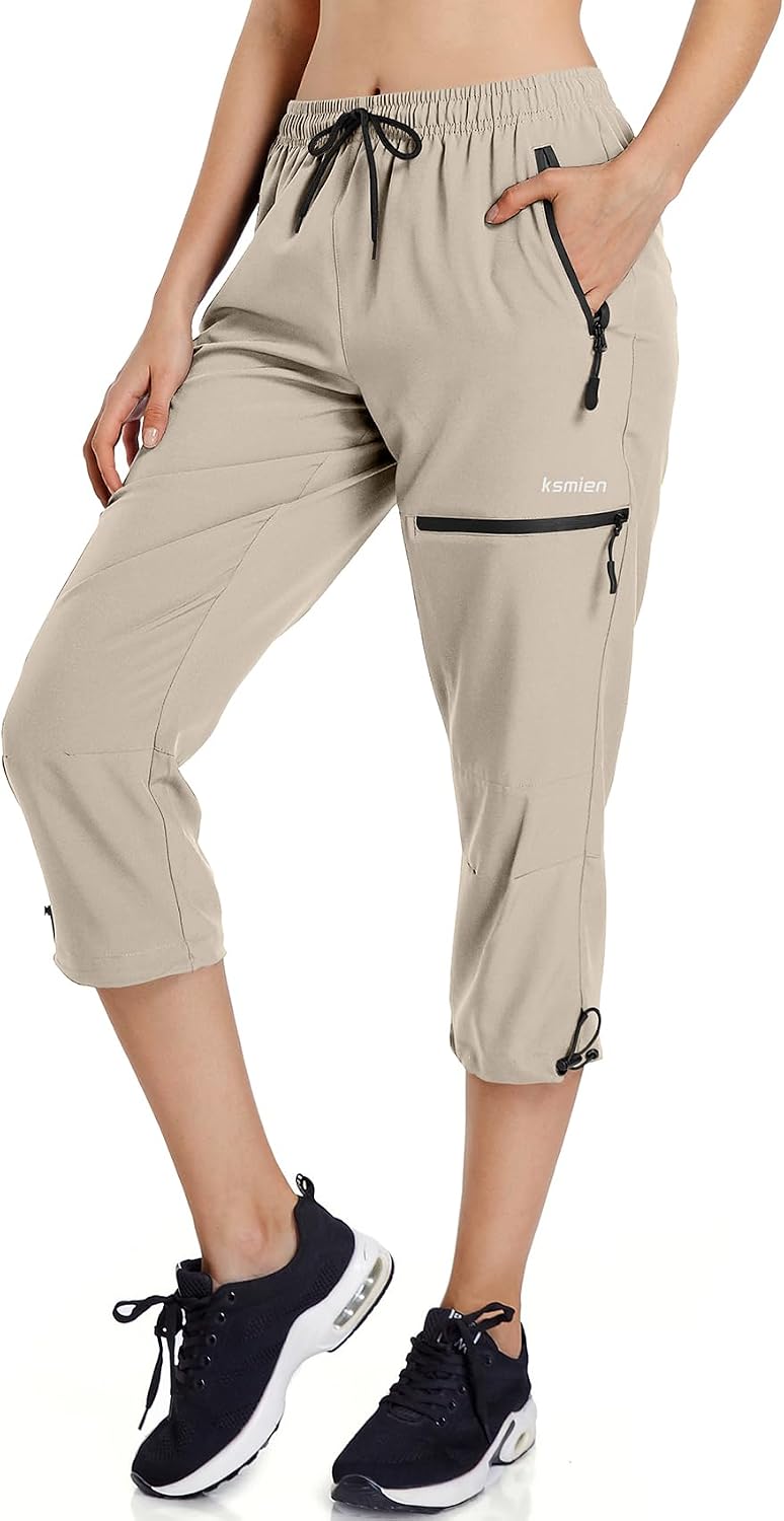 Ksmien Women's Hiking Cargo Capri Pants Quick Dry with Zipper Pockets