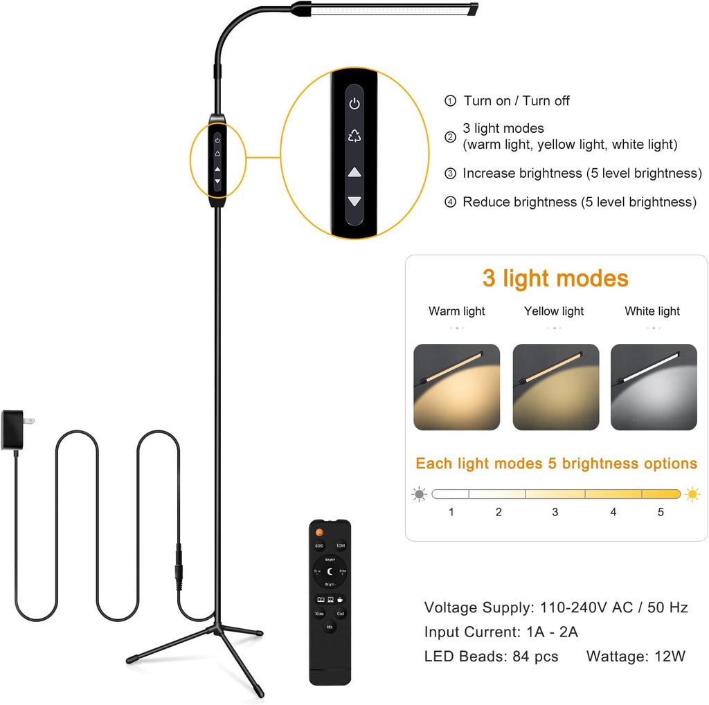 EBEST Led Floor Lamp with Remote LED lamp lash Light for Eyelash Extensions Craft Task Lamps Floor Standing Light Gooseneck Dimmable Reading lamp Eyelash Lamp for Lashes Makeup