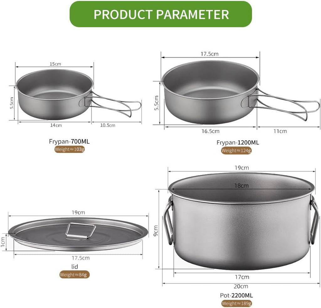 BY-J Titanium Camping Cookware 2200ml+1200ml+700ml Titanium Pot with Lid and Stainless steel spatula, Compact Backpacking and Travel Kitchenware for Camping, Hiking and Fishing