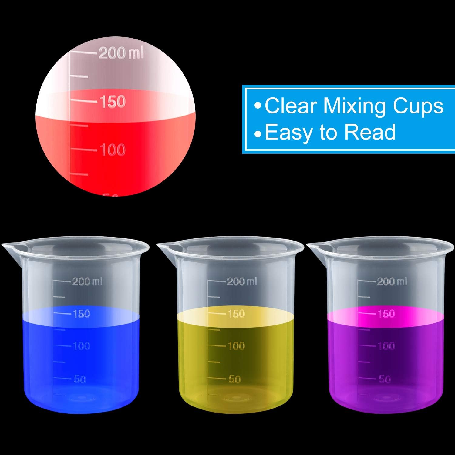 Coopay 12 Pack 200ml/6.8oz Plastic Beakers Epoxy Mixing Cups, Plastic Graduated Cups Clear Multipurpose Measuring Cups with 50 Pack Wooden Stirring Sticks for Resin, Epoxy, Stain, Mixing Paint