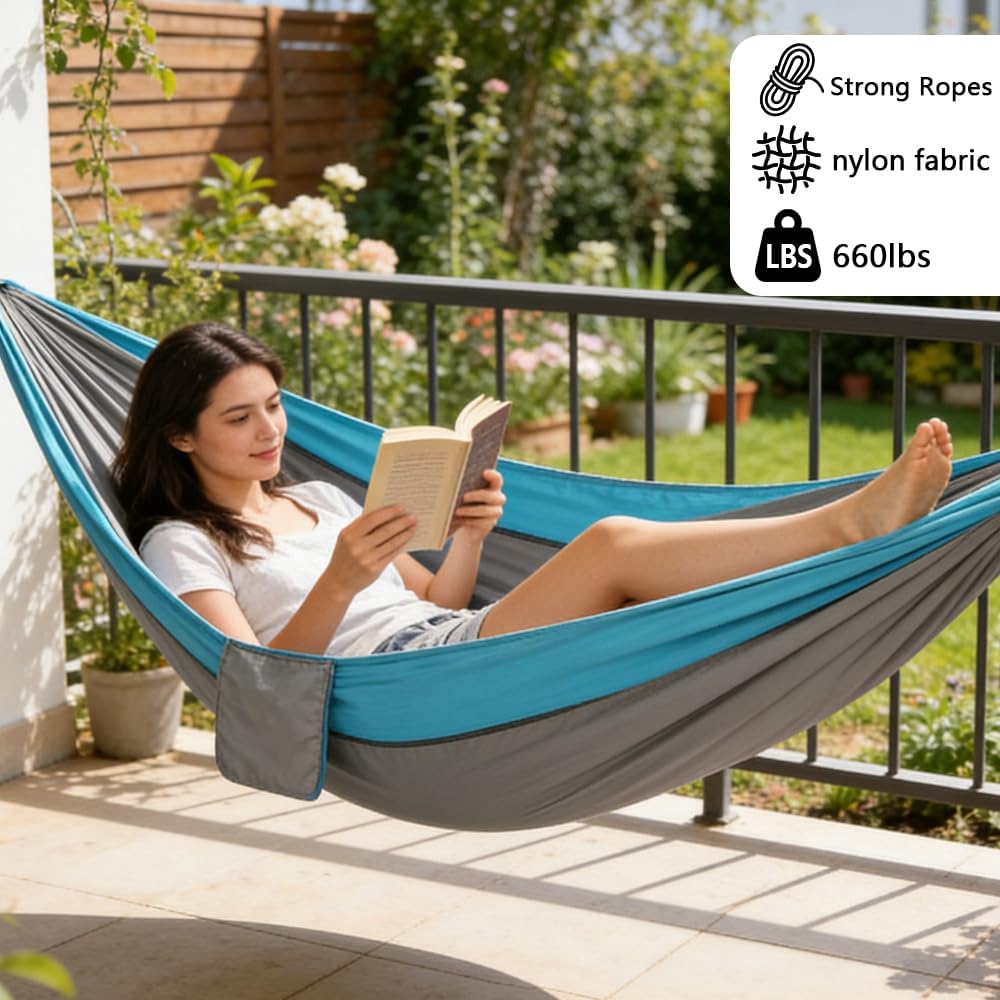 Camping Hammock, Portable Hammocks with Tree Straps & Attached Carry Bag, Travel Tree Hammocks for Outside Indoor Hiking Beach Backpack Travel(Gray, Nylon)
