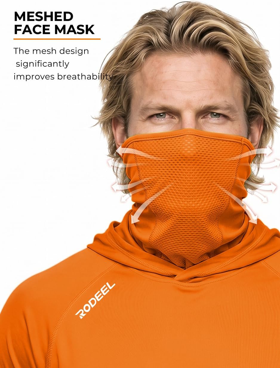 Rodeel UPF 50+ Men’s Long Sleeve Performance Fishing Hiking Shirt with Mask UV Neck Gaiter Hoodie