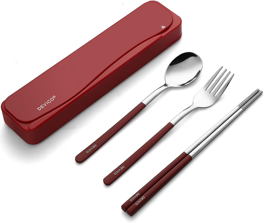 DEVICO Travel Utensils with Case, 4Pcs Portable Silverware Set for Work, 18/8 Stainless Steel Reusable Cutlery, Korean Spoon and Chopsticks Fork for Camping, School, Lunch Box Accessories (Purple)