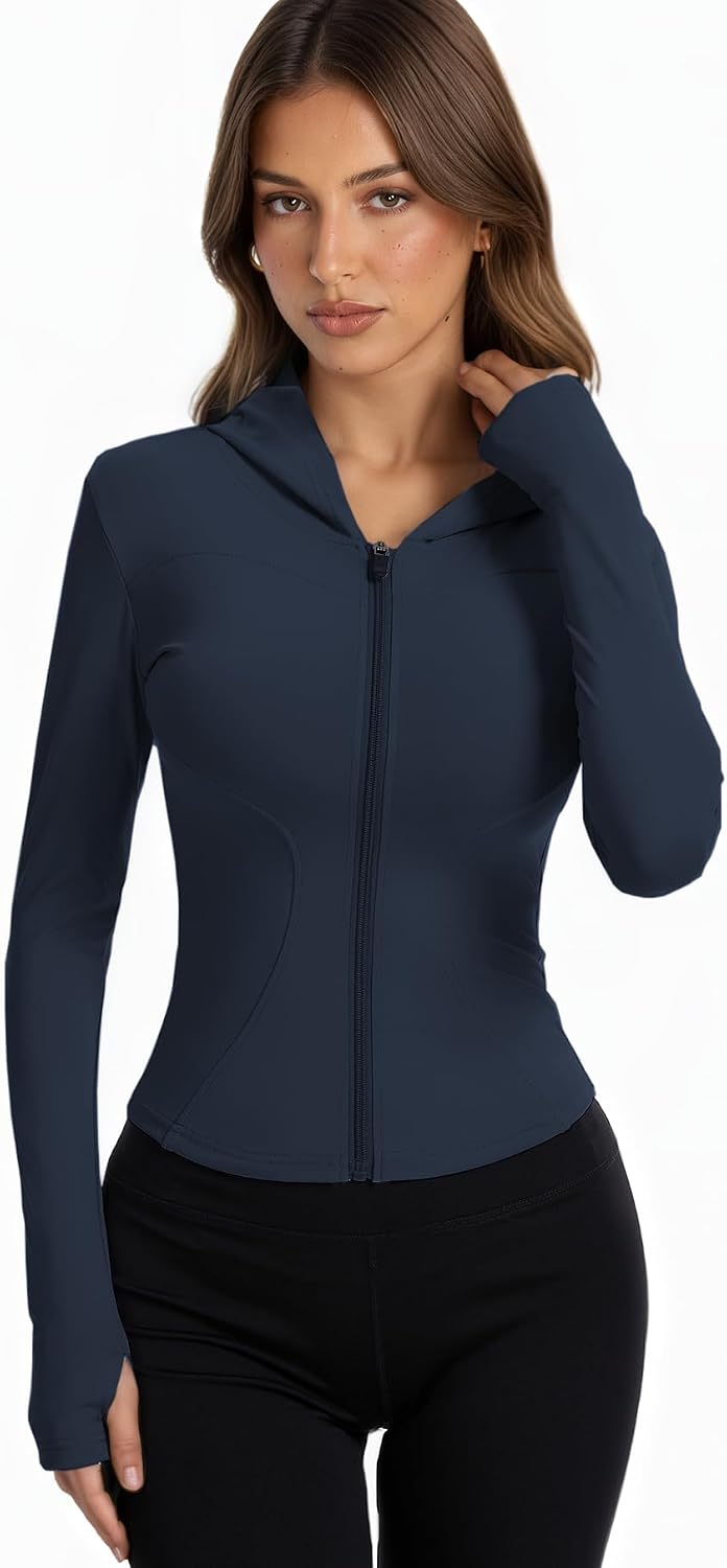 Women Bbl Jackets with Hood Compression Workout Tops Lined or Unlined Lightweight Yoga Gym Jacket with Thumb Hole