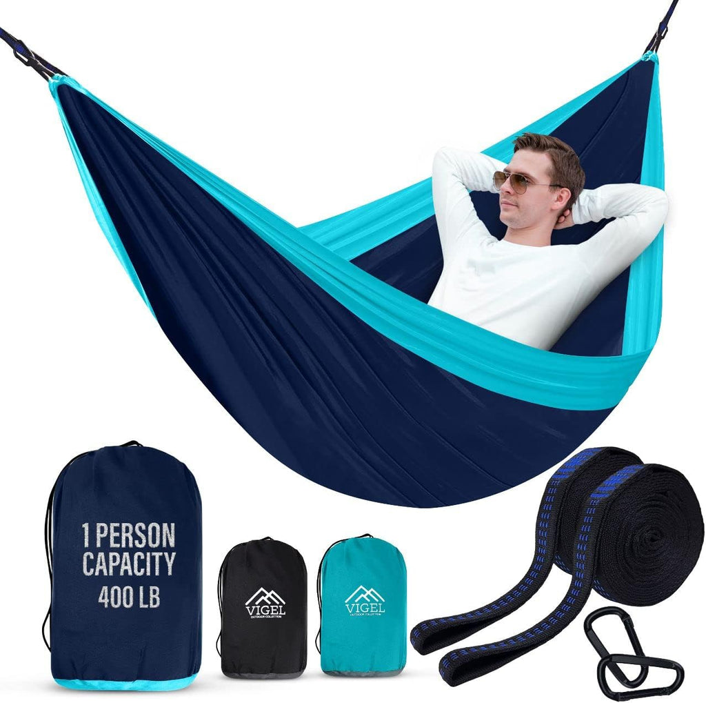 Vigel Camping Hammock - Durable Hammock, Nylon Hammock - Double or Single Hammocks - Portable Tree Hammocks for Outside - Easy to Set, Camping Accessories for Outdoor, Travel, Hiking